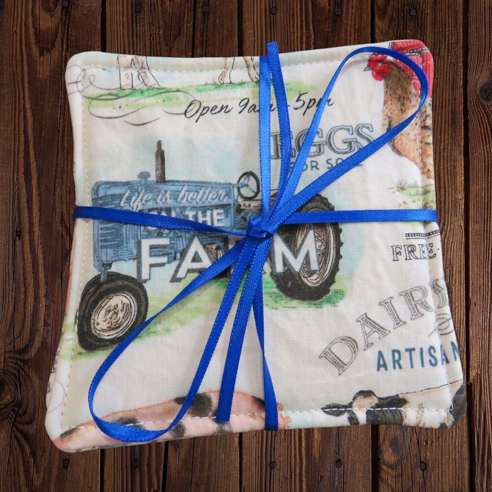 Fabric Coasters, Set Of 4, Farm Animal Reversible Country Floral Mug Rugs